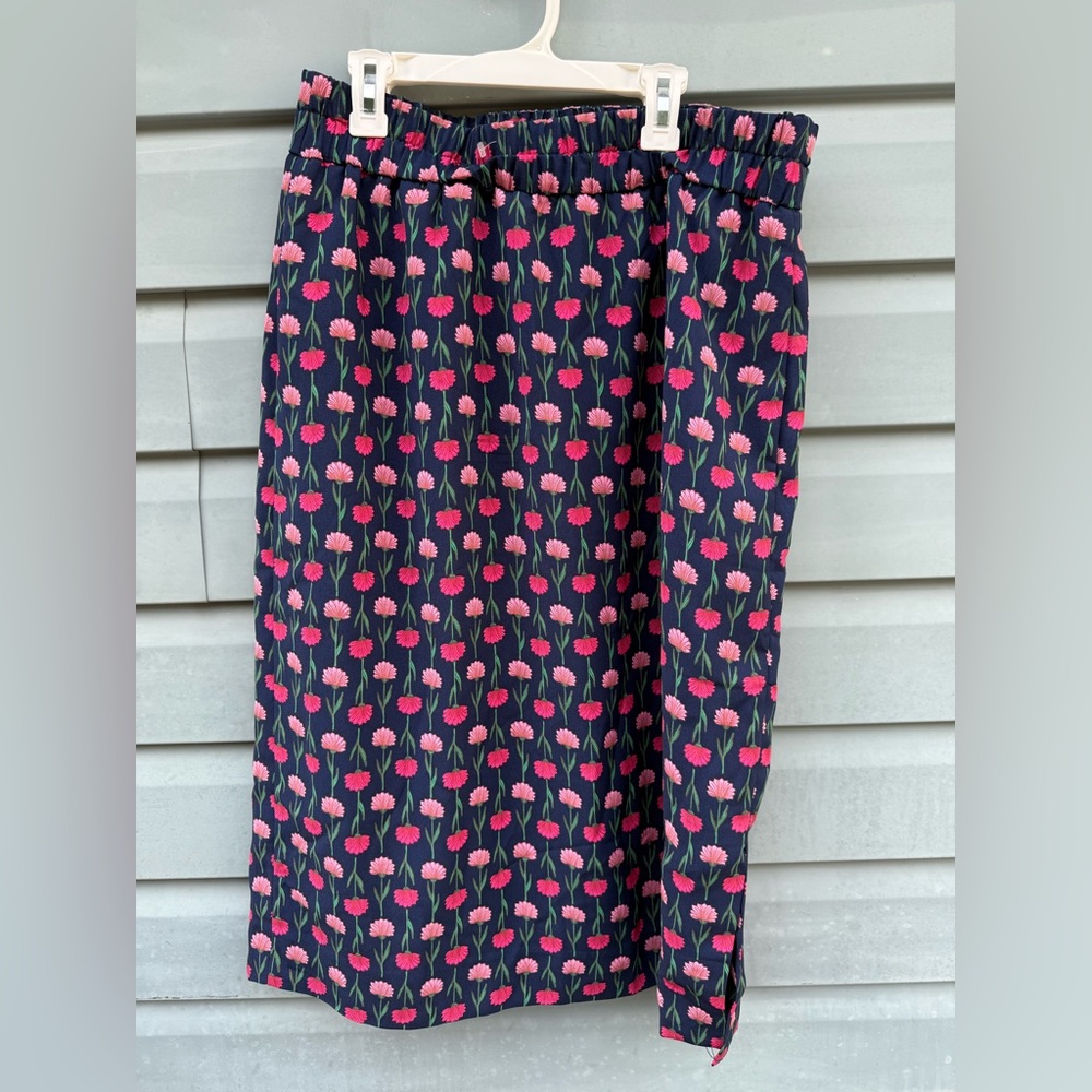 J. Crew Navy Skirt with Pink and Red Floral Design